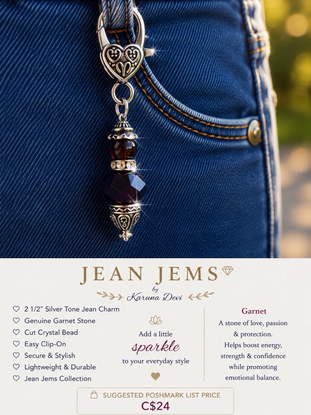 Garnet Genuine Stone & Silver-Tone Jean Charm on Blue Jeans
